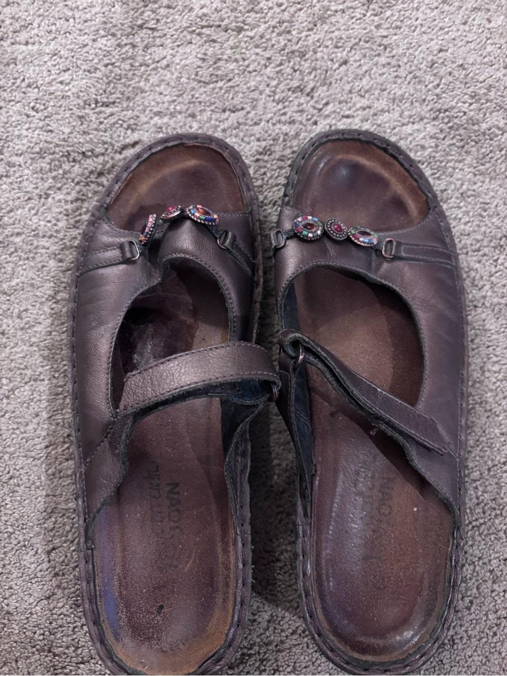 Women's Brown Leather Naot Sandals with Decorative Accents size 39